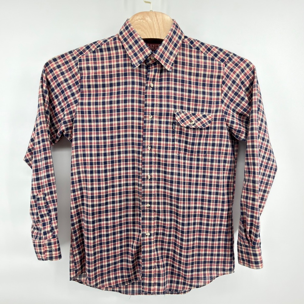 Vintage 70s Levis Action Shirt Plaid Button Down Mens Large USA Made Blue Red